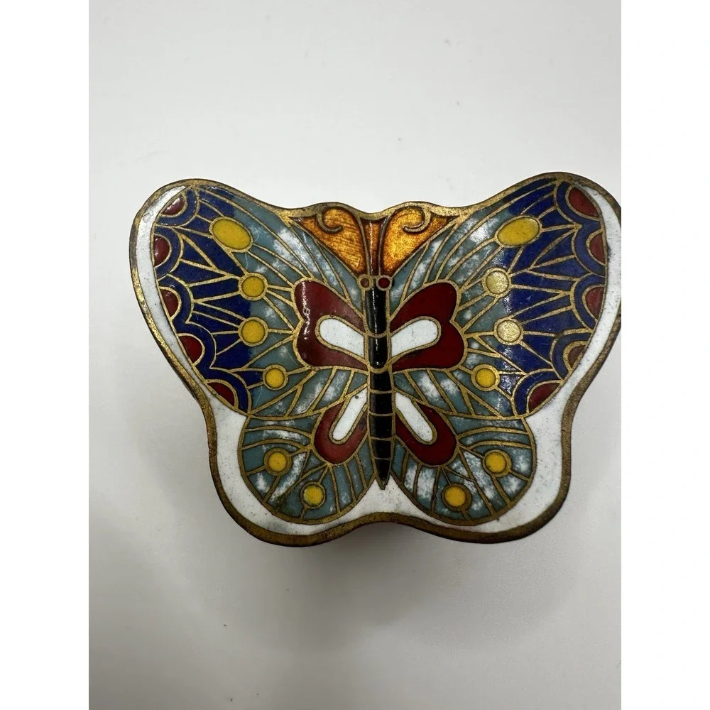 Cloisonné Enamel On Brass Butterfly Shape Trinket Pill Box Multi Color‎ Vintage